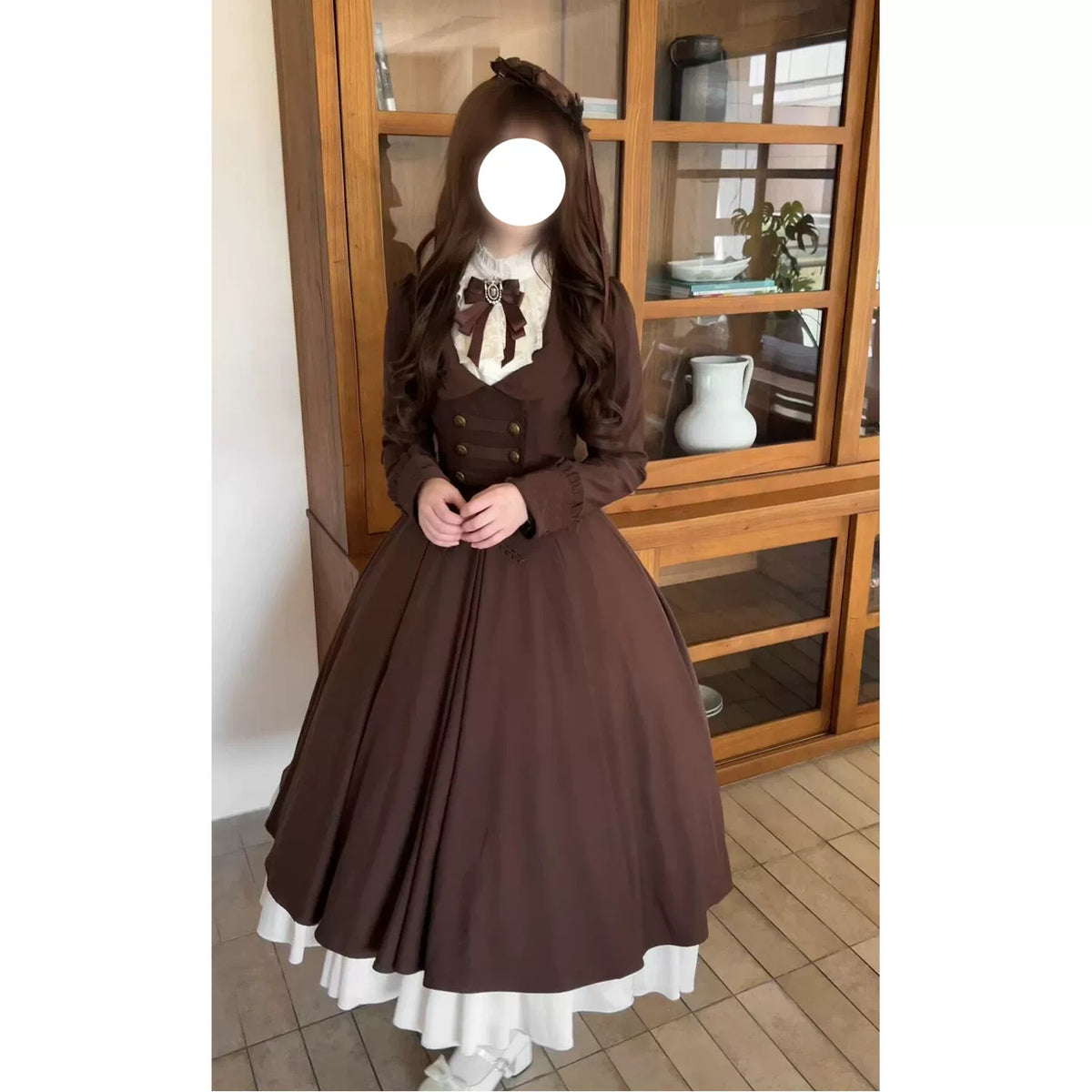 Brown Lolita jacket, blouse and skirt styled for autumn