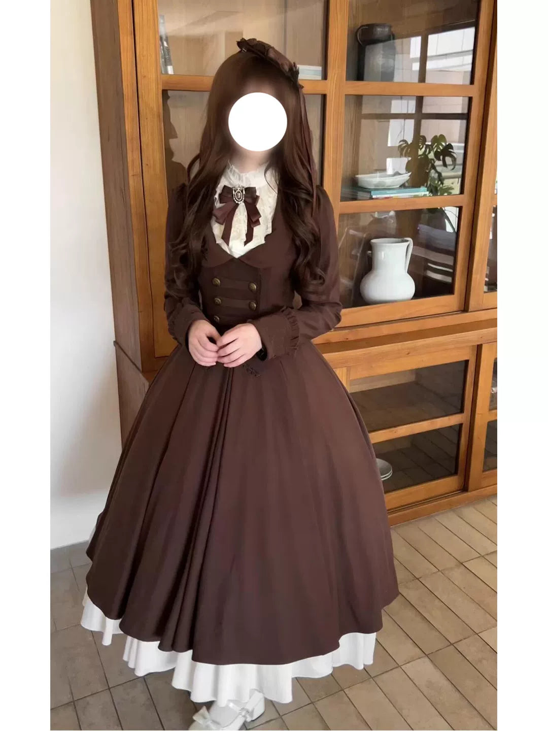 Vintage brown Lolita jacket, blouse and full skirt worn together