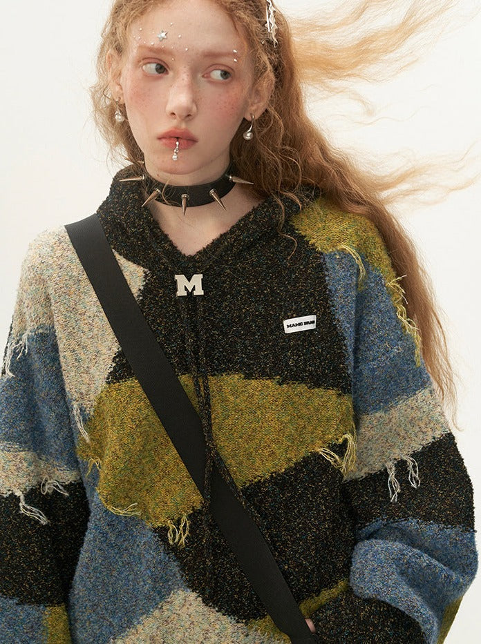 フード付きカラーレトロブロックニット