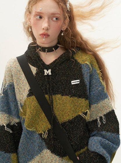 フード付きカラーレトロブロックニット