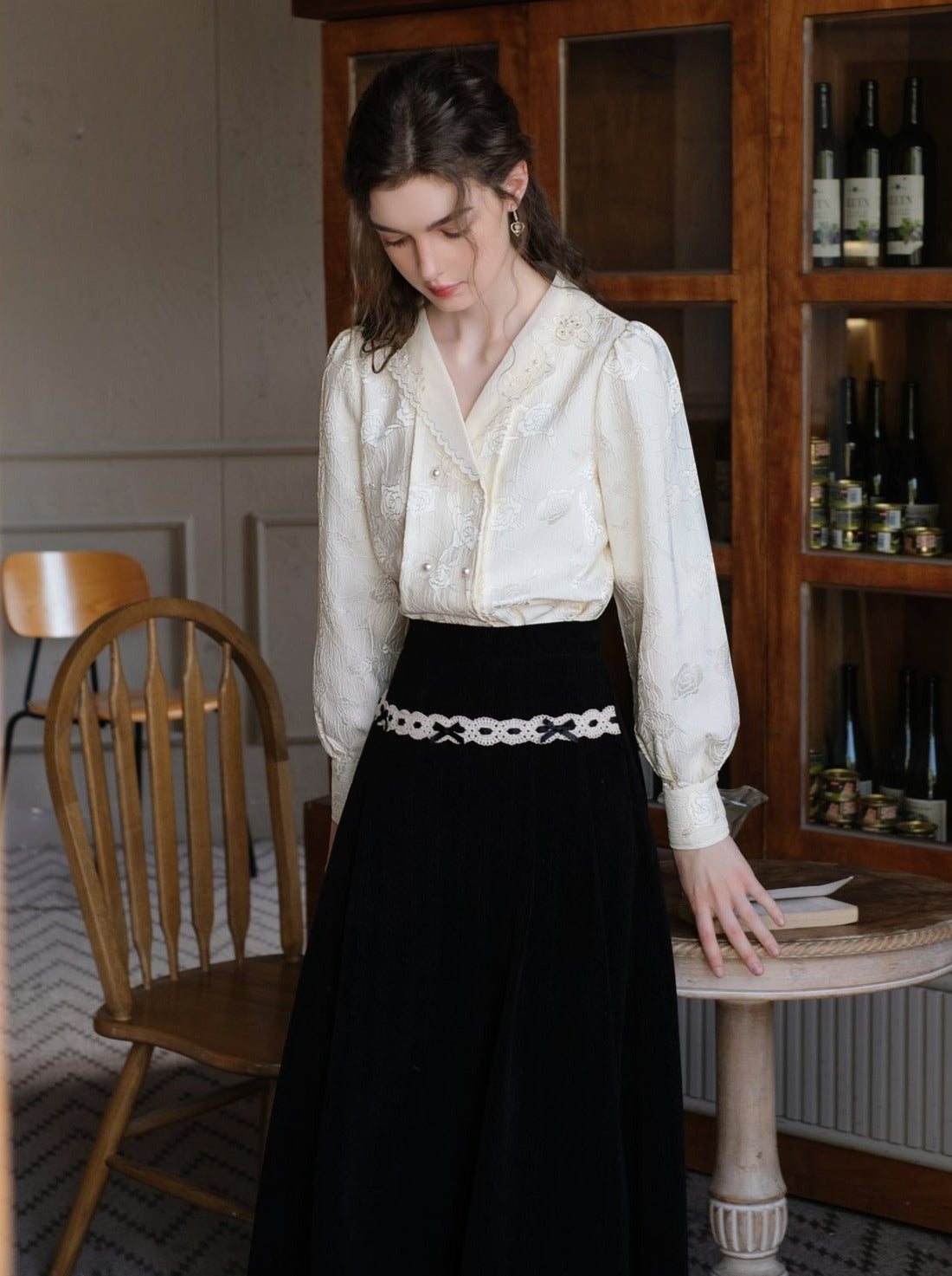 Jacquard Blumen Bluse Rock Hosenträger