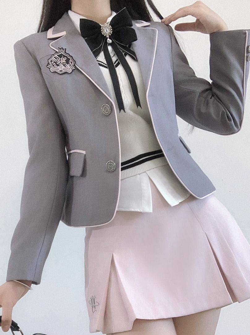 Jacket College Vest + Skirt Shirt Box + Slim Pleated Girl Sweet Ribbon Style
