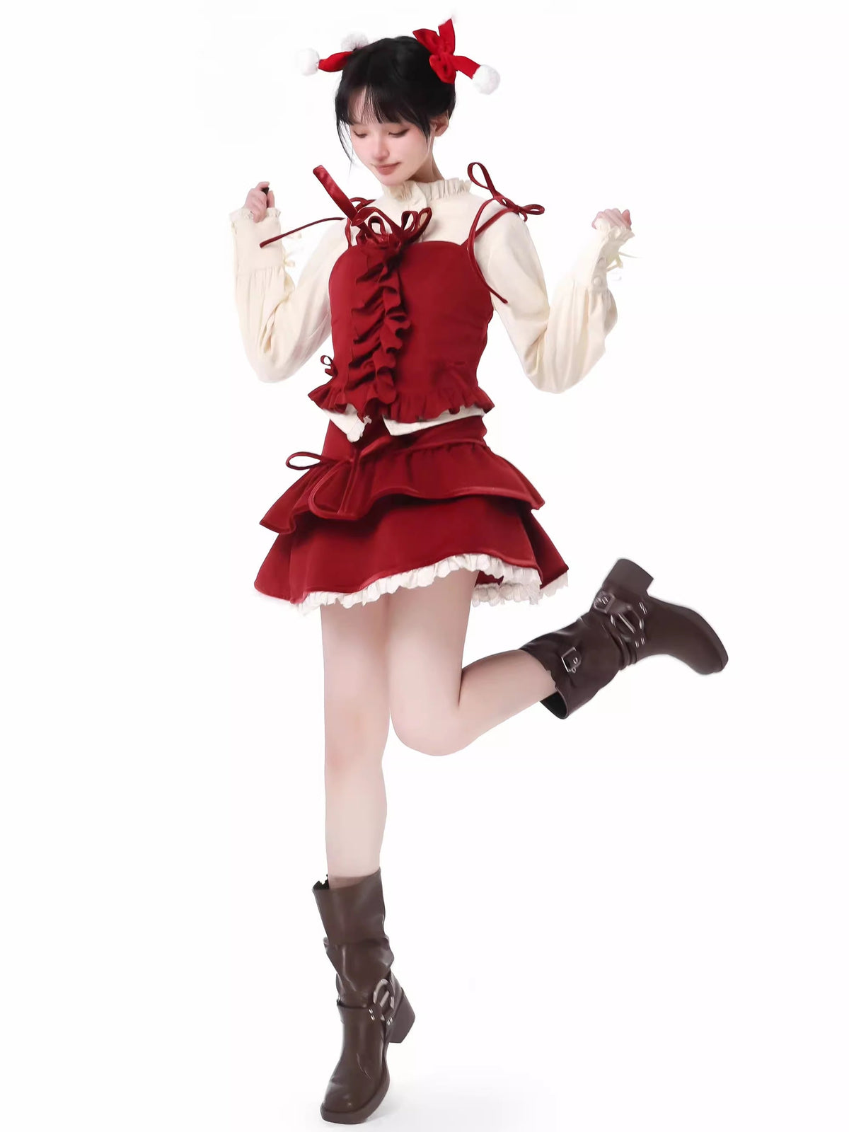 Ribbon Frill Short Jacket Singing Stand Color Dark Print Shirt Skirt Suit
