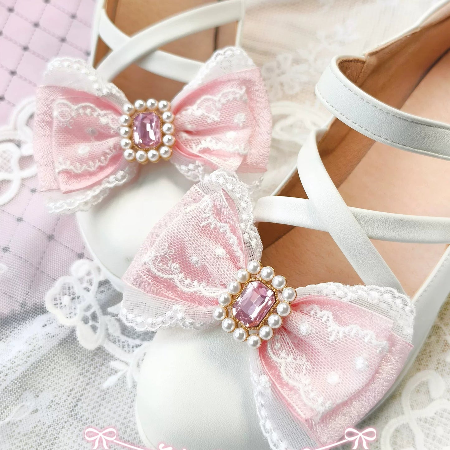 Handmade Heart Bow Shoe Clips with Lace & Pearl - Lolita Accessories