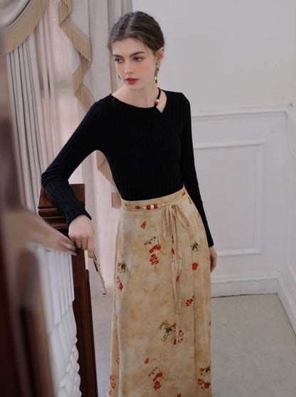 Blumenoberteil, langer asymmetrischer Schlitzrock