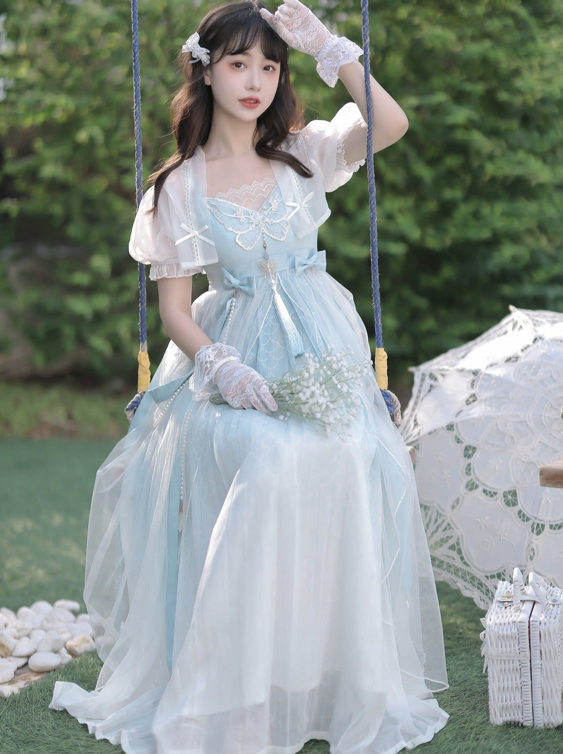 Blaues, durchsichtiges Sommerkleid mit Schalkragen + Lolita-Chinesisch