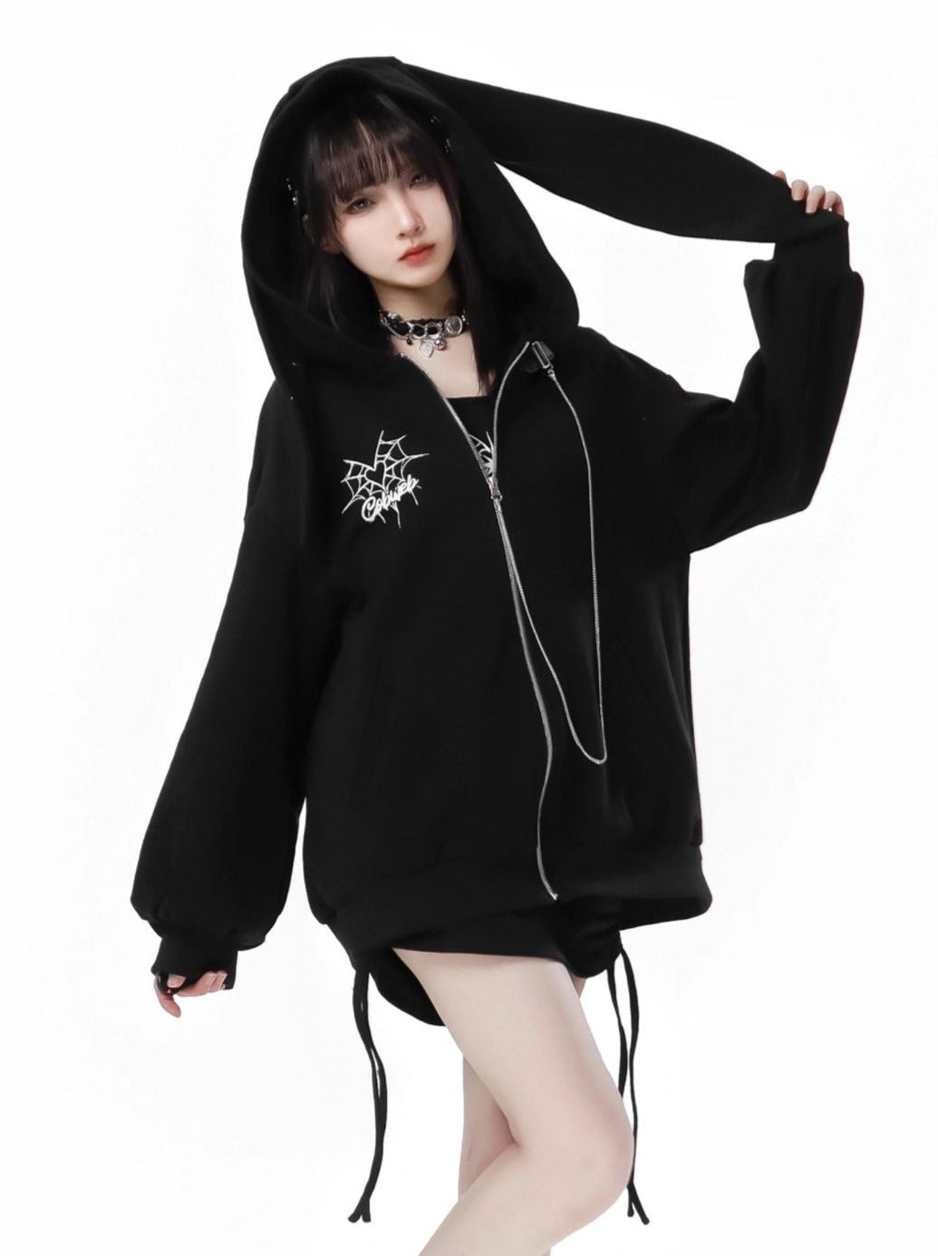 Spider Chain Slim Strap Hoodie Web Rabbit Ear