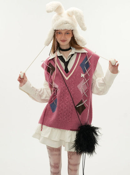 Vest Lace-up Argyle Over-Knit