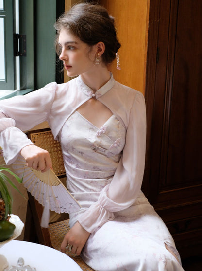 レトロなパープルフラワーのシアードレスカーディガンチャイナ