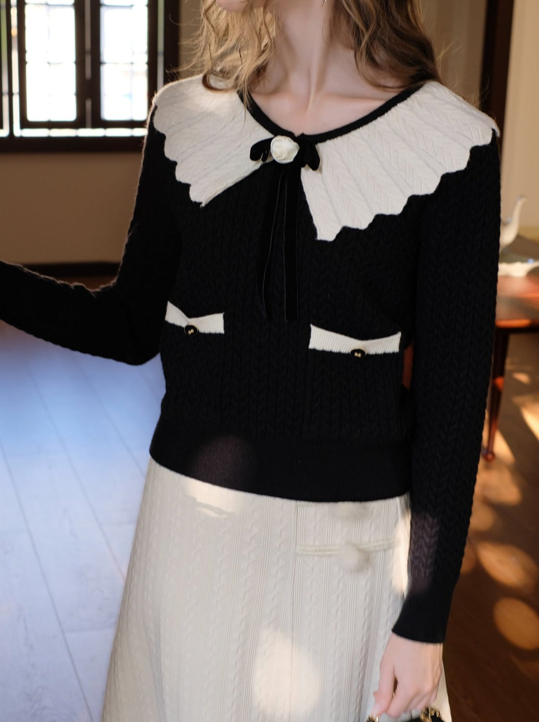 セーターブロックウェブリボンレトロラペルフレンチカラーカーディガン