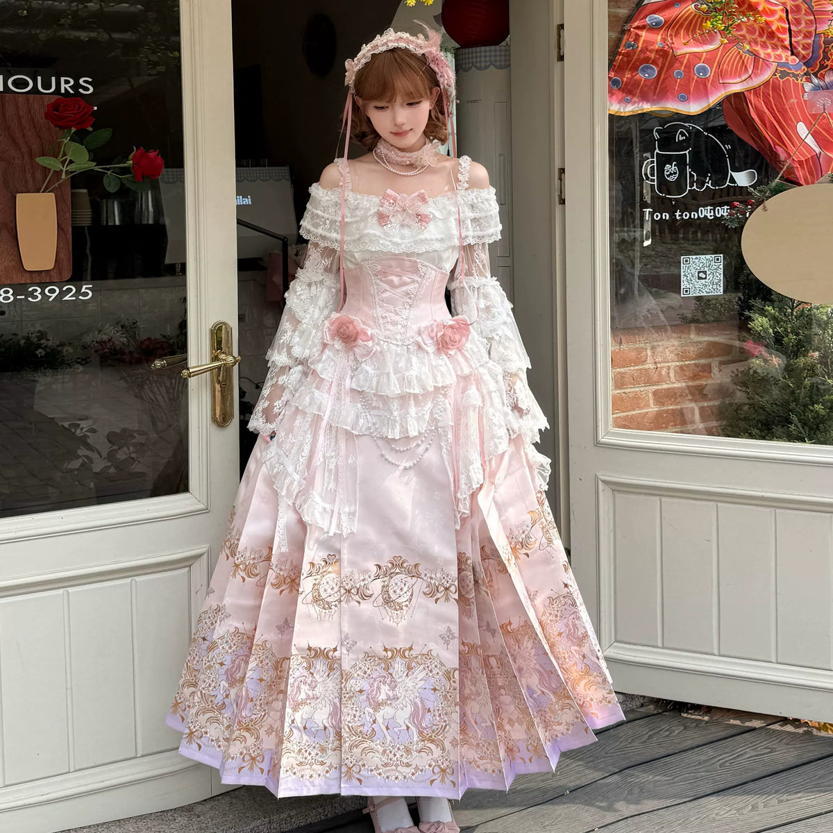 Molly Manor skirt and lace blouse styled on model in daylight