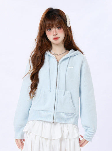 クリームニットフーディーブルーカーディガン