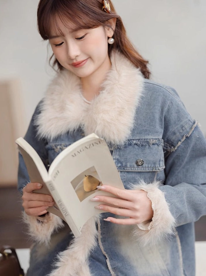 キルティングラペルブルーデニムジャケット