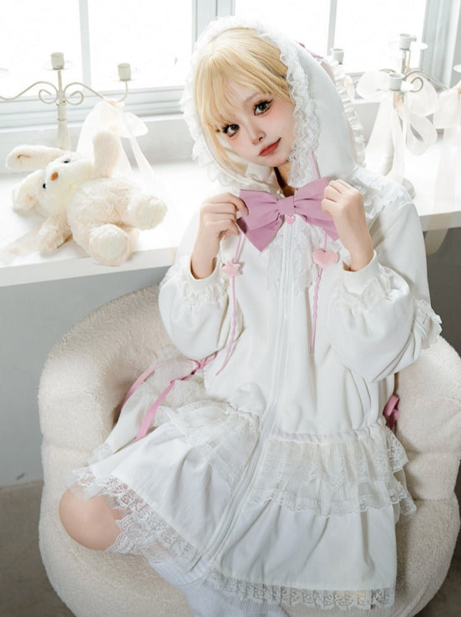 Bow Frilled Big Hooded Girly Long Bunny Dress Ears