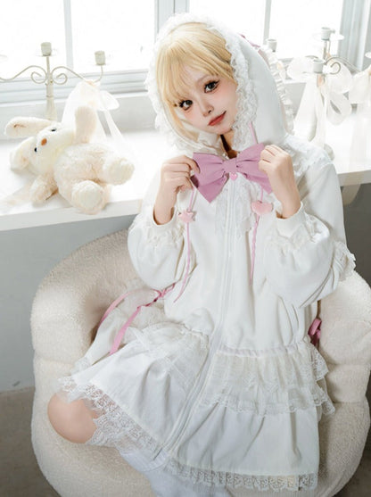 Bow Frilled Big Hooded Girly Long Bunny Dress Ears