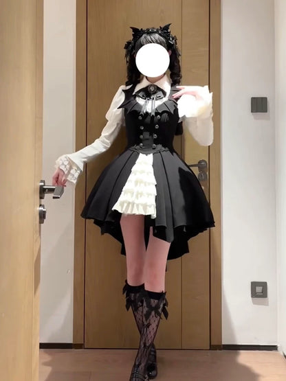 Full outfit showing high-low JSK skirt and white blouse