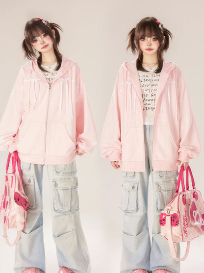 Zip-Up Ribbon Sweet Hoodie Pink Hooded