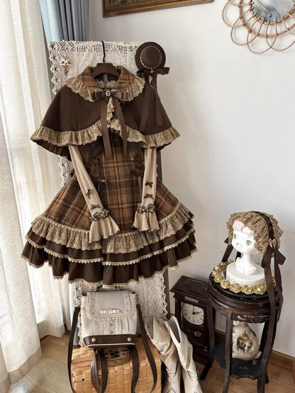 Caramel Cocoa three-piece outfit displayed beside a clock