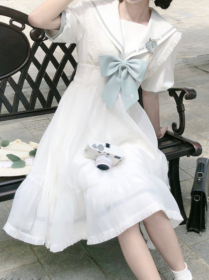 Tie Collar Puff + Sleeve Sailor Haori Tulle Dress Ribbon + Badge Overskirt