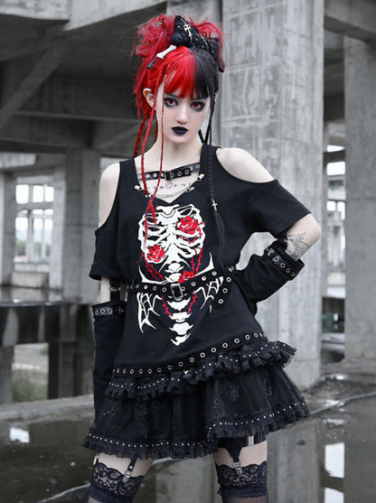 メタルバックルケーキレザーリベットレイヤーパンクスカート