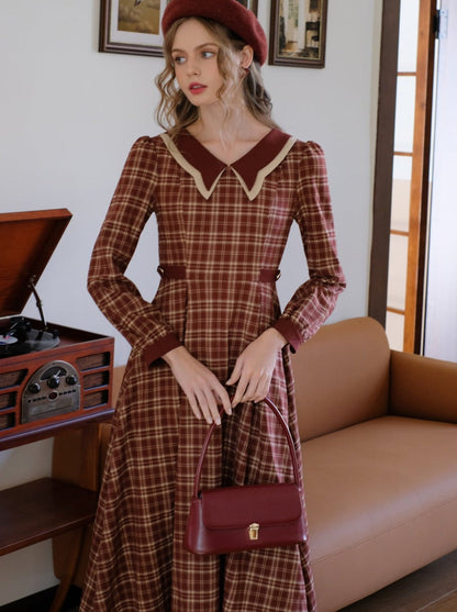 チェックドレス ラテ バタフライ レトロ ブラック ティーカラー フレンチ