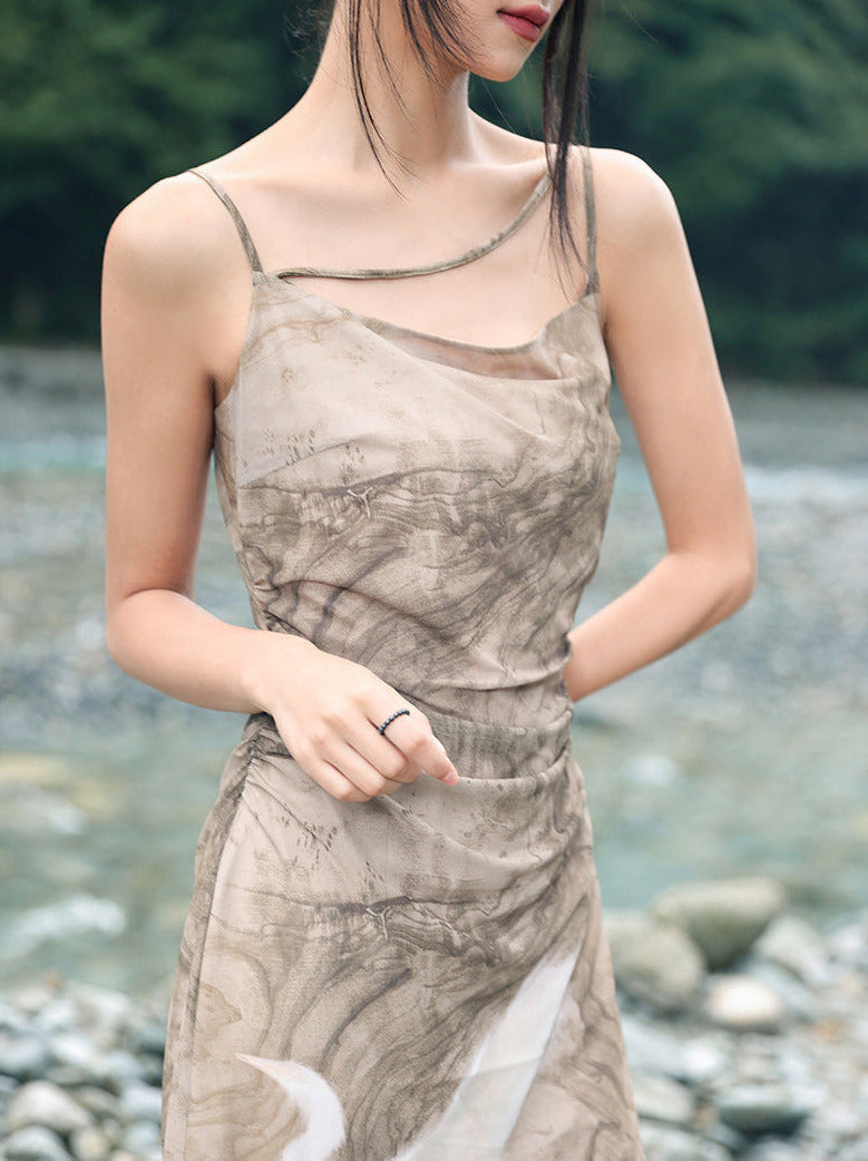 Print Suspender Draped Dress Retro Dark