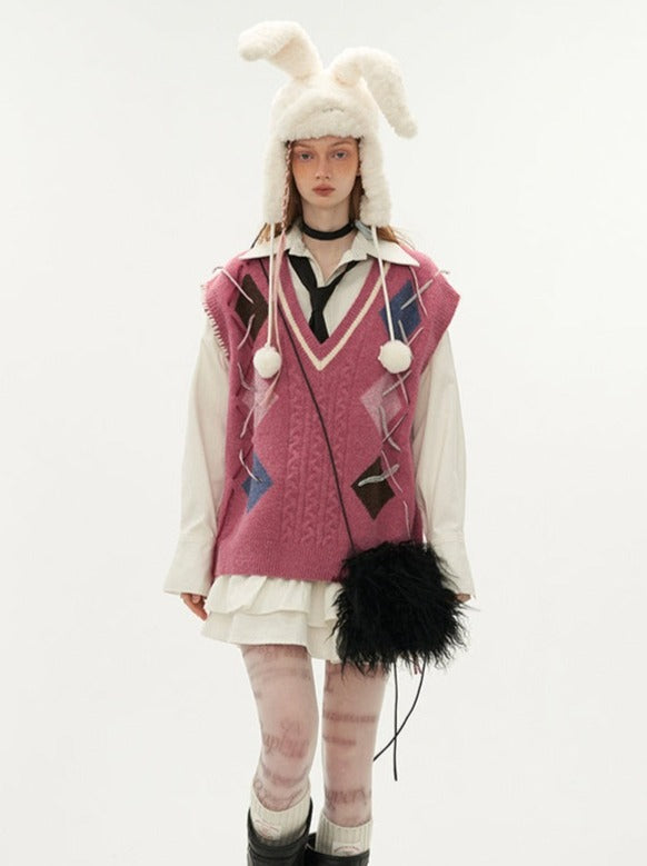 Vest Lace-up Argyle Over-Knit