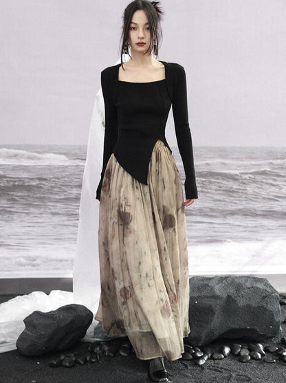 Ausgestellter Rock mit Retro-Print und Tinte