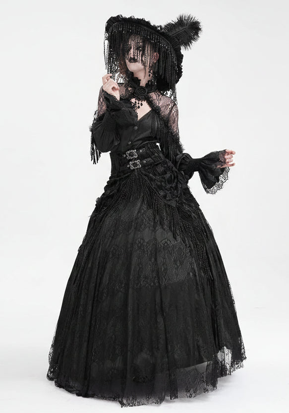 EVA LADY High-Waist Rose Embossed Velvet Fringe Skirt