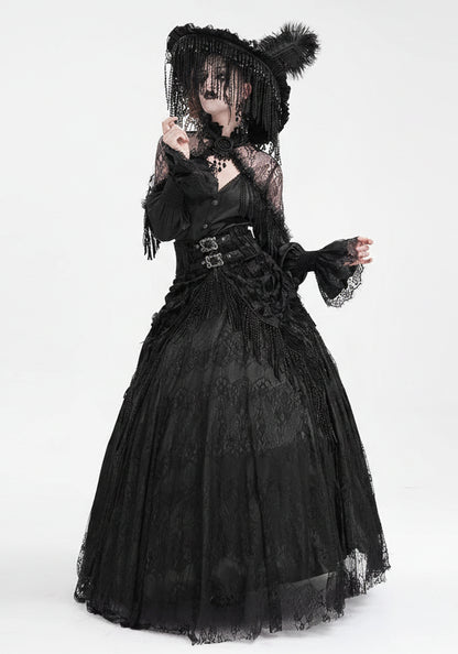 EVA LADY High-Waist Rose Embossed Velvet Fringe Skirt
