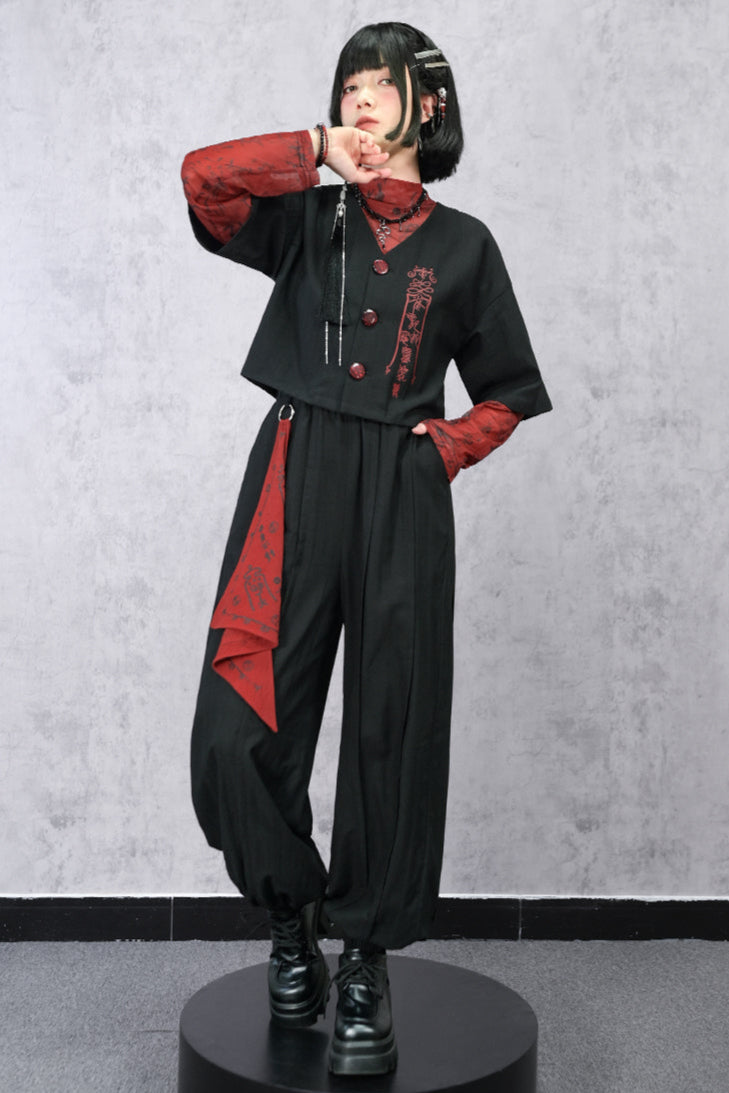 Black China Short V-Neck Top