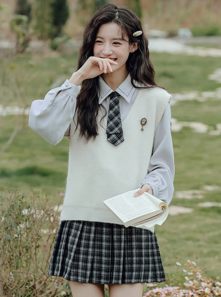 Vest College Skirt Colored Checked Knit Retro Shirt