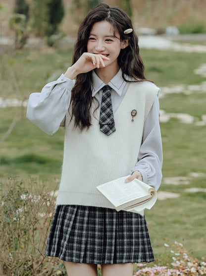 Vest College Skirt Colored Checked Knit Retro Shirt