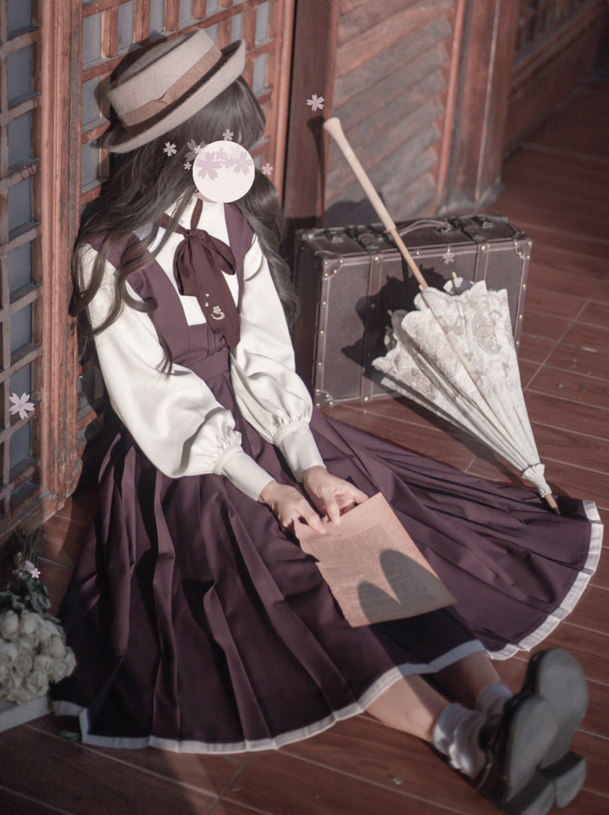 襟付きコサージュドレス レトロシャツベストカーディガン スタンドニット フリルスリーブ + 日本製リボン