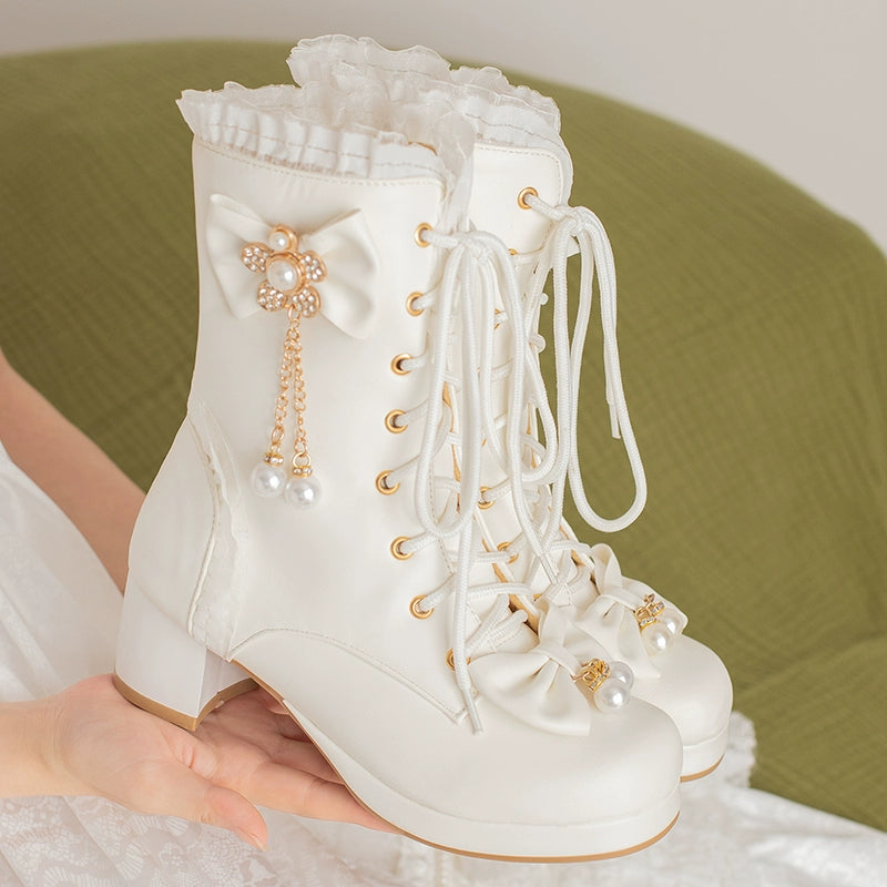 30-43 Lolita Bow & Pearl Embellished Knee-High Boots