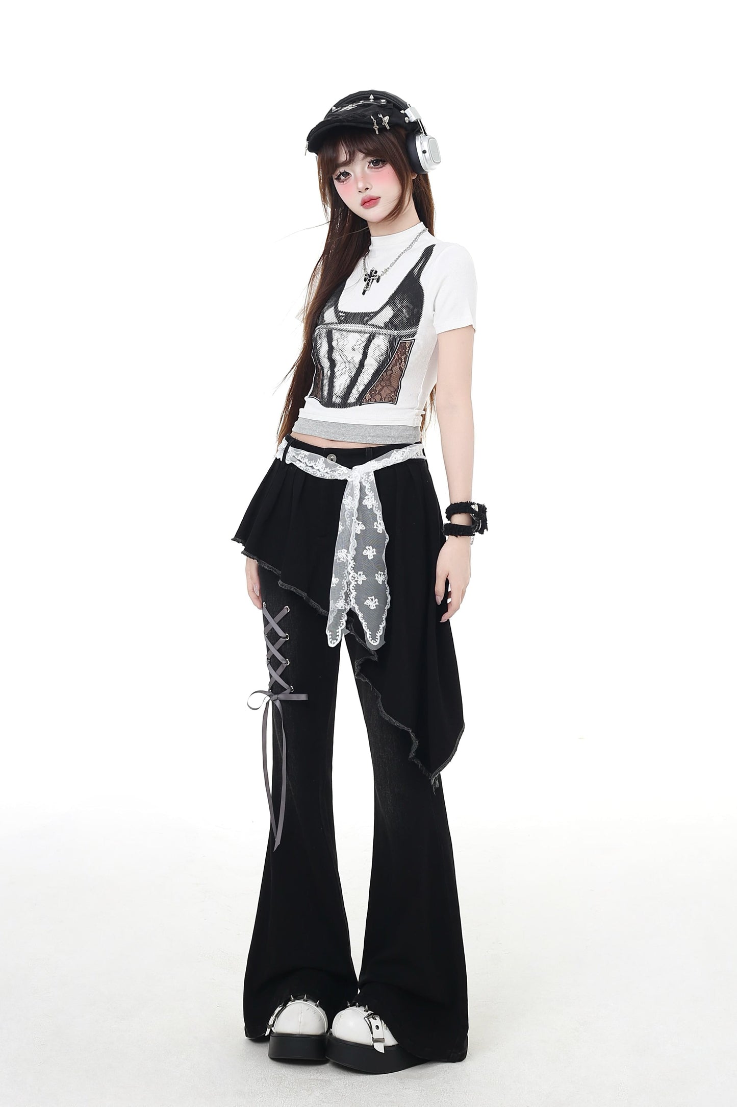 パンツ スリム レースアップ フレア ロング