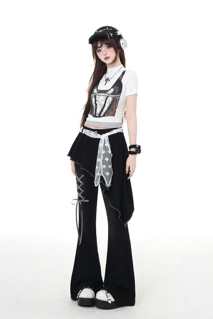 パンツ スリム レースアップ フレア ロング