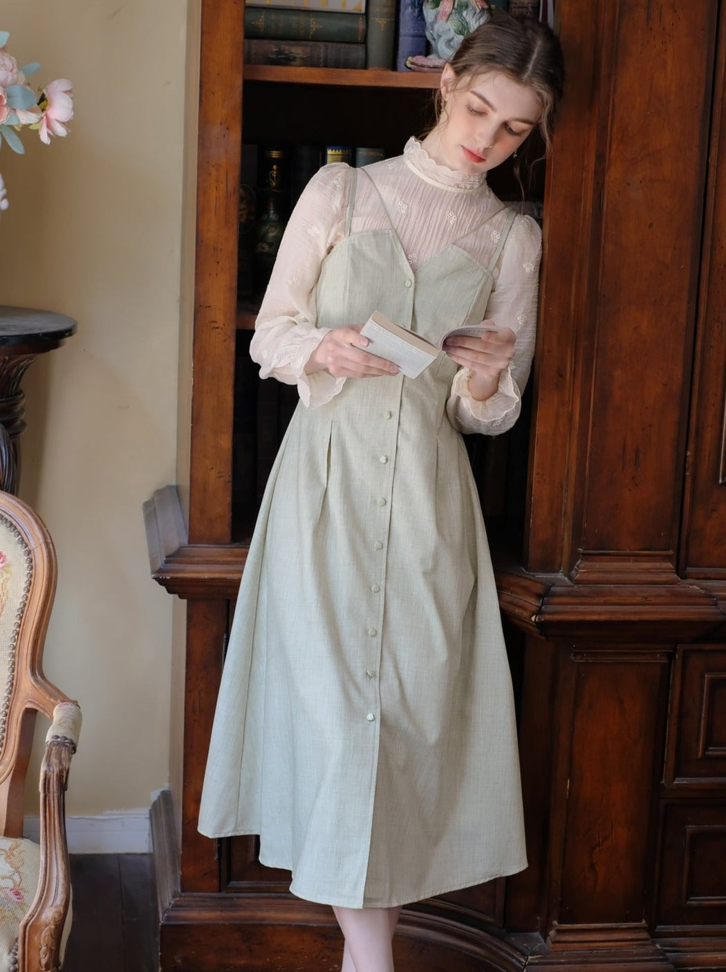 スカートフラワーレトロブラウス+キャミソールシアー