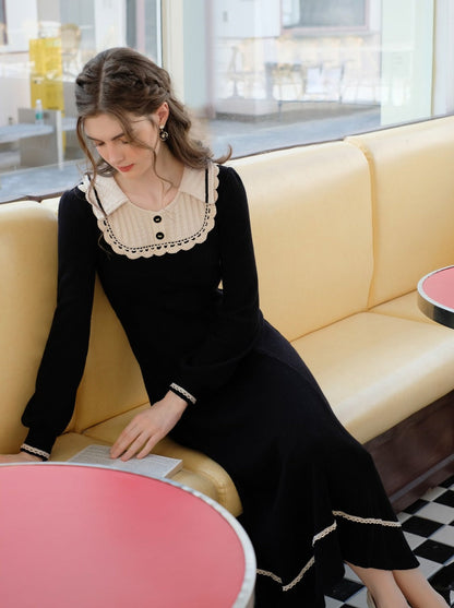 スプライシングブラックフレンチロングドレスラペルクイーンセレナーデニットクラシック