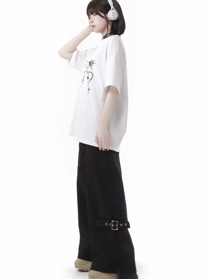 Black T-Shirt V-Neck Print White Gemstone