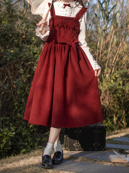 Poem Weave White Feather Dress Innershirt Rose Corsage + Ruffle Red Ruffle Retro Jacket Suspender Rose