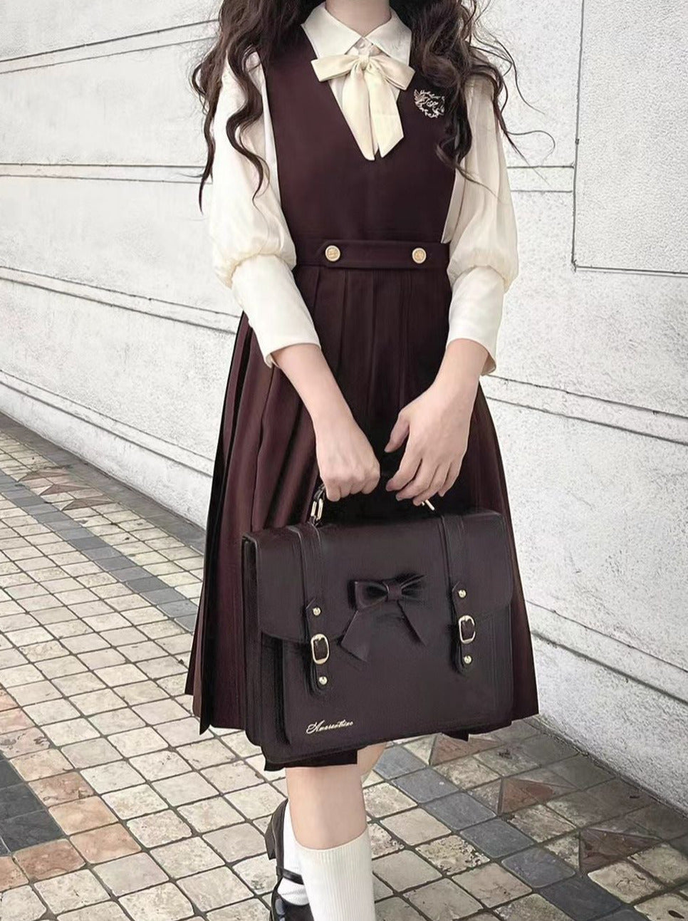 Chiffon Skirt Style Ribbon Inner Accessories V-Neck Cream Shirt College Vest