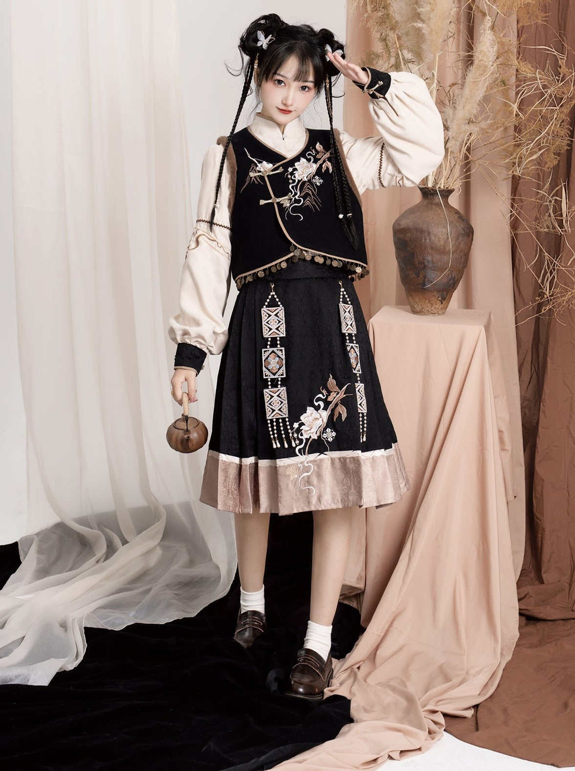 エキゾチックプラスブラウスベストフラワースリーブバッグショルダーバルーンフレアスカート