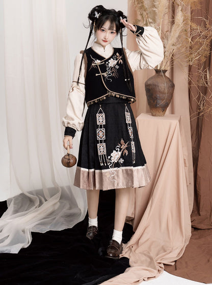 エキゾチックプラスブラウスベストフラワースリーブバッグショルダーバルーンフレアスカート