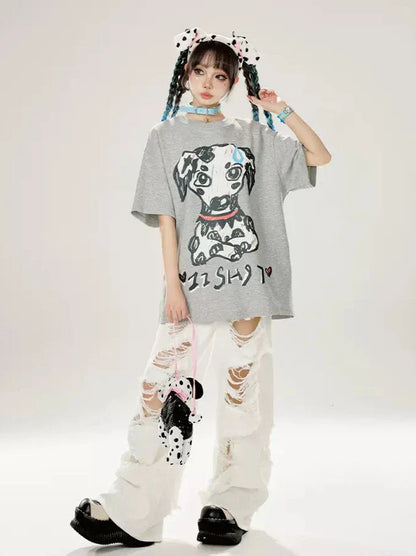 Print Dalmatian T-Shirt Loose Gray