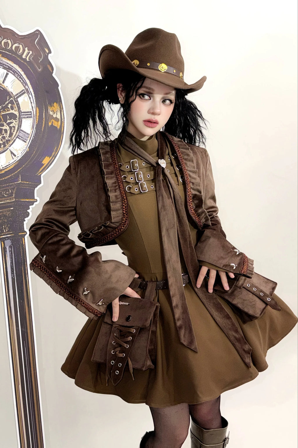 Steampunk Brown x Gothic Black Mode Buckle High Collar Puff Sleeve Doll Dress