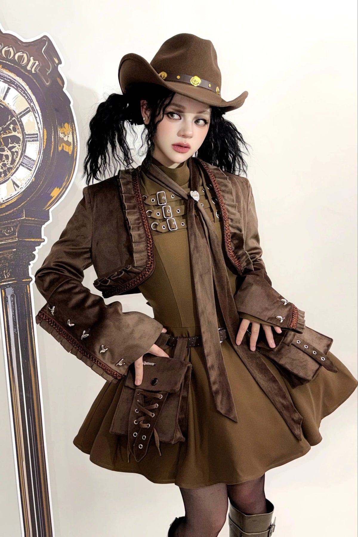 Steampunk Brown x Gothic Black Mode Buckle High Collar Puff Sleeve Doll Dress