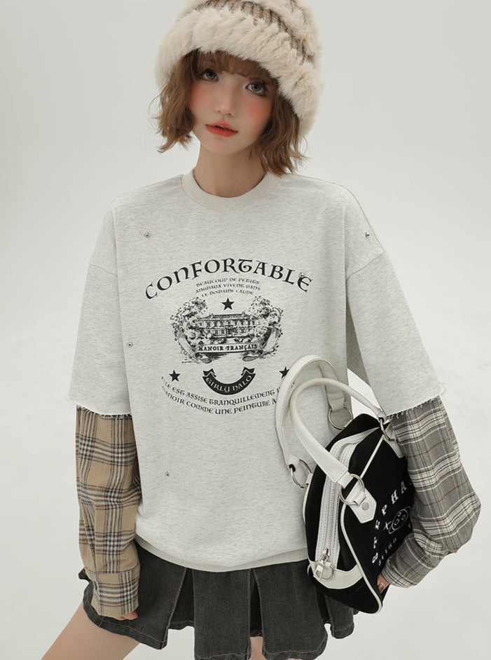 Sleeve Pullover Check American Sweat Faux Two-Piece Asymmetrical