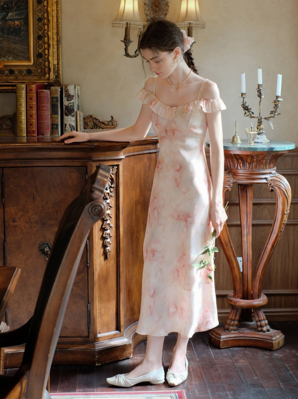 Long Suspender Dress Flower Blouse Cardigan + Sheer
