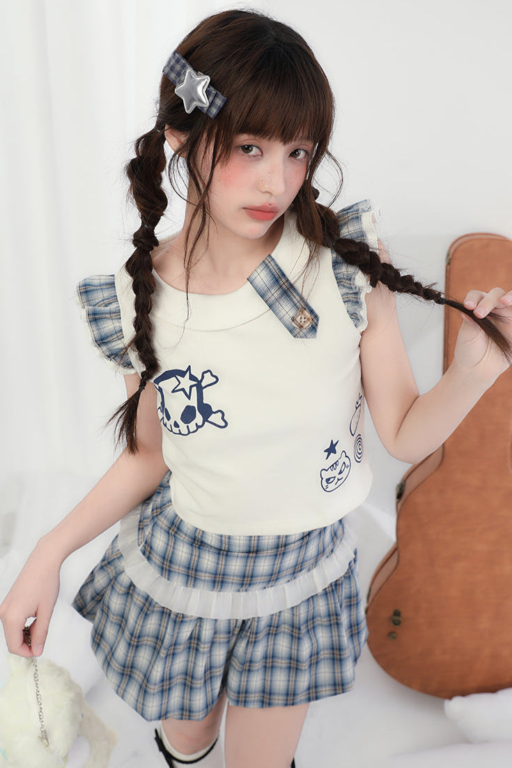 Minirock + Totenkopf-Kariertes Katzenoberteil ärmellos